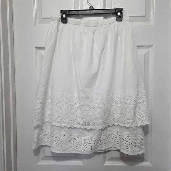 Studio West Apparel White Embroidered Eyelet Cotton Tiered Midi Skirt Size L - Picture 6 of 9